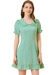 Gingham Checks Ruffled Peter Pan Collar 1960s Vintage Mini Dress