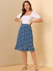 Floral Ruffle Elastic High Waist Button Flowy Split Midi Skirt