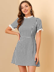 Summer Ruffle Neck Lace Panel Short Sleeve Check Gingham Dress