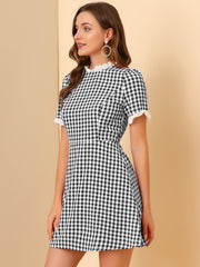 Summer Ruffle Neck Lace Panel Short Sleeve Check Gingham Dress