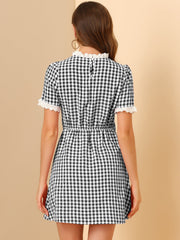Summer Ruffle Neck Lace Panel Short Sleeve Check Gingham Dress