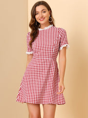 Summer Ruffle Neck Lace Panel Short Sleeve Check Gingham Dress