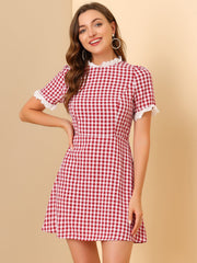 Summer Ruffle Neck Lace Panel Short Sleeve Check Gingham Dress