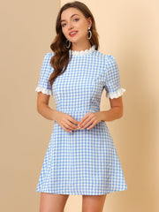 Summer Ruffle Neck Lace Panel Short Sleeve Check Gingham Dress