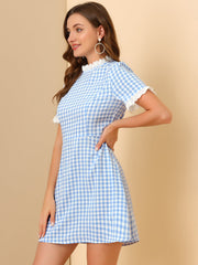 Summer Ruffle Neck Lace Panel Short Sleeve Check Gingham Dress