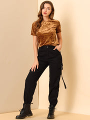 Velvet Crew Neck Short Sleeve Casual T-Shirt Top