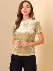 Velvet Crew Neck Short Sleeve Casual T-Shirt Top