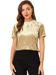 Velvet Crew Neck Short Sleeve Casual T-Shirt Top