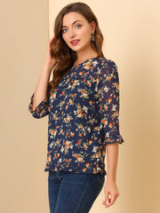 Casual Ruffle Floral Print 3/4 Sleeve Chiffon Blouse