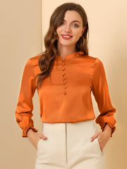 Ruffle Neck Bubble Sleeve Elastic Cuff Button Satin Blouse