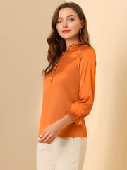 Ruffle Neck Bubble Sleeve Elastic Cuff Button Satin Blouse