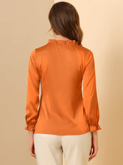 Ruffle Neck Bubble Sleeve Elastic Cuff Button Satin Blouse