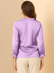 Ruffle Neck Bubble Sleeve Elastic Cuff Button Satin Blouse
