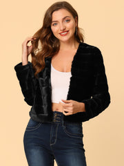Winter Warm Cropped Collarless Faux Fur Fluffy Jacket