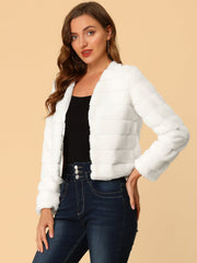 Winter Warm Cropped Collarless Faux Fur Fluffy Jacket