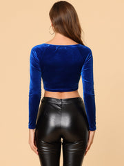 Velvet Long Sleeve Off Shoulder Solid Crop Top