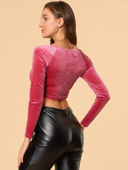 Velvet Long Sleeve Off Shoulder Solid Crop Top