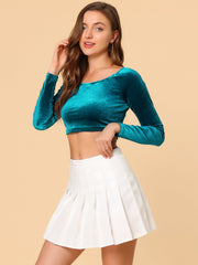 Velvet Long Sleeve Off Shoulder Solid Crop Top