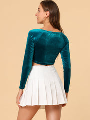 Velvet Long Sleeve Off Shoulder Solid Crop Top