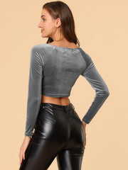 Velvet Long Sleeve Off Shoulder Solid Crop Top