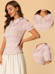 Peter Pan Collar Puff Short Sleeve Ruffle Smocked Floral Blouse