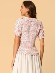 Peter Pan Collar Puff Short Sleeve Ruffle Smocked Floral Blouse