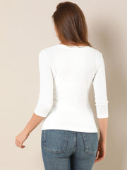 3/4 Sleeves V Neck Solid Knitted Button Decor Ruched Blouse