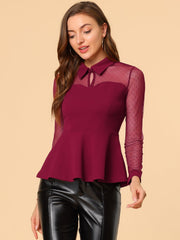 Mesh Sheer Long Sleeve Blouse Turn Down Collar Keyhole Peplum Top