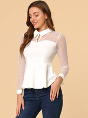 Mesh Sheer Long Sleeve Blouse Turn Down Collar Keyhole Peplum Top