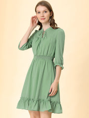 Ruffle Hem 3/4 Sleeve A-Line Smocked Short Chiffon Dress