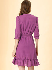 Ruffle Hem 3/4 Sleeve A-Line Smocked Short Chiffon Dress
