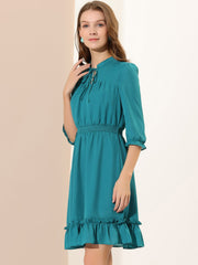 Ruffle Hem 3/4 Sleeve A-Line Smocked Midi Chiffon Dress