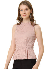 Lace Floral Ruffle Neck Keyhole Back Sleeveless Peplum Top