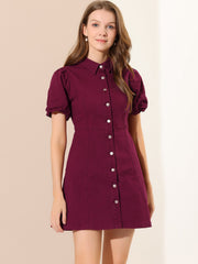 Denim Puff Short Sleeve Collared Button Down Mini Dress