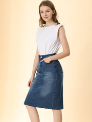 Casual High Waist Back Slit Stretch Denim Midi Skirt