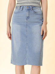 Casual High Waist Back Slit Stretch Denim Midi Skirt