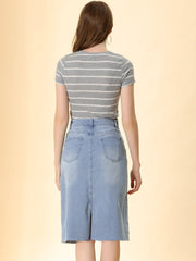 Casual High Waist Back Slit Stretch Denim Midi Skirt