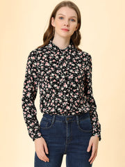 Button Down Floral Long Sleeve Point Collar Blouse