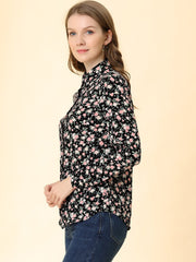 Button Down Floral Long Sleeve Point Collar Blouse