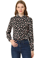 Button Down Floral Long Sleeve Point Collar Blouse