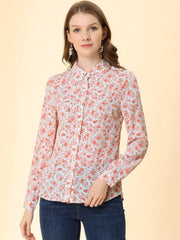 Button Down Floral Long Sleeve Point Collar Blouse