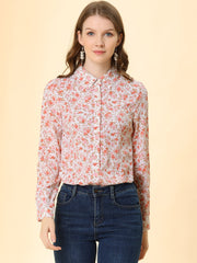 Button Down Floral Long Sleeve Point Collar Blouse