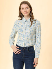 Button Down Floral Long Sleeve Point Collar Blouse