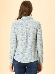 Button Down Floral Long Sleeve Point Collar Blouse