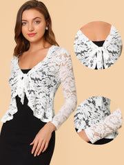 Floral Lace Tie Front Ruffled Hem Sheer Crop Bolero Shrug