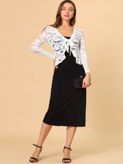 Floral Lace Tie Front Ruffled Hem Sheer Crop Bolero Shrug