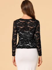 Floral Lace Tie Front Ruffled Hem Sheer Crop Bolero Shrug