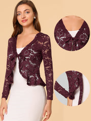 Floral Lace Tie Front Ruffled Hem Sheer Crop Bolero Shrug
