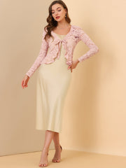Floral Lace Tie Front Ruffled Hem Sheer Crop Bolero Shrug