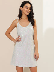 Glitter Sequin V Neck Spaghetti Strap Mini Party Dress